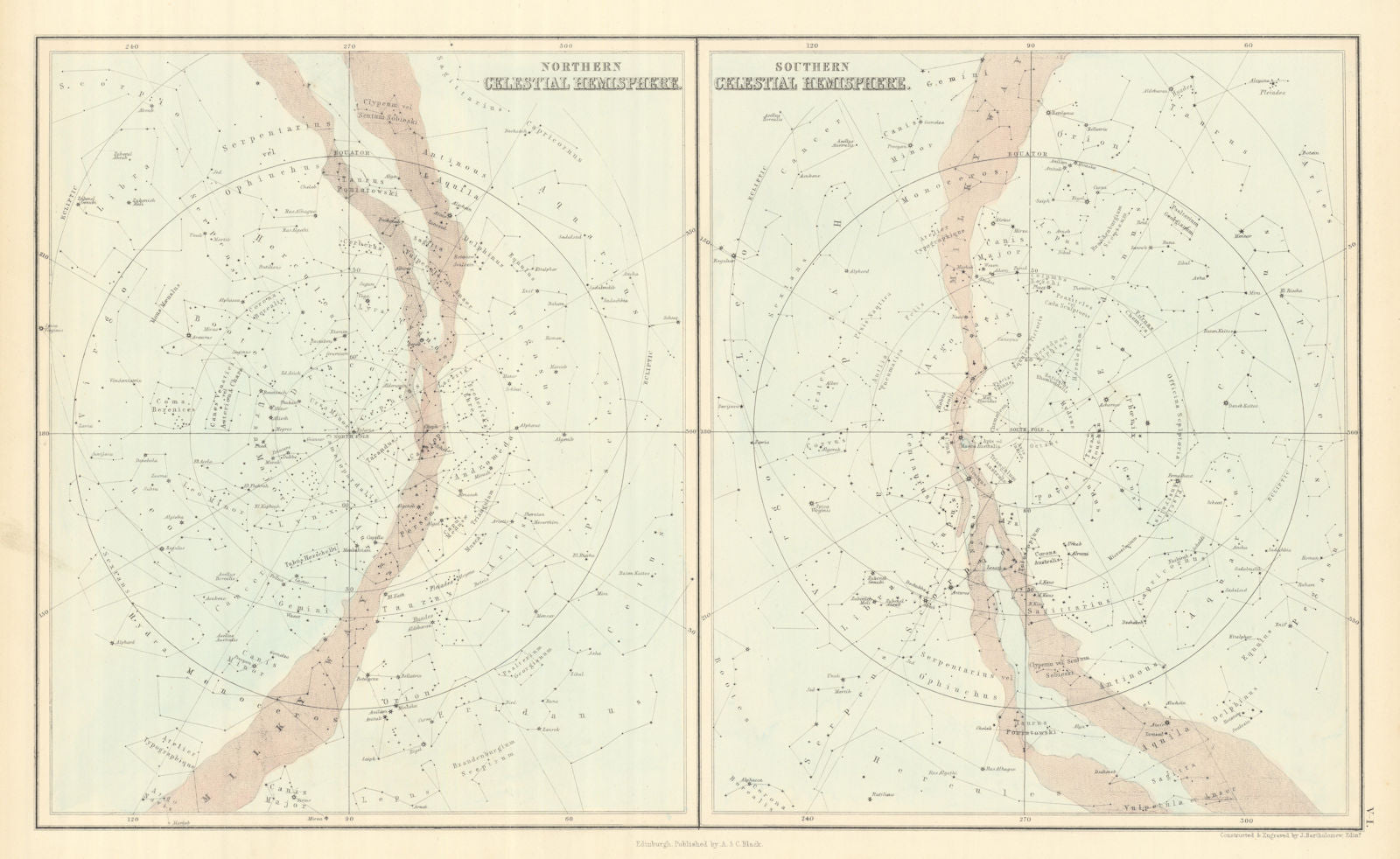 Star maps. Northern & Southern Celestial Hemispheres. JOHN BARTHOLOMEW 1854